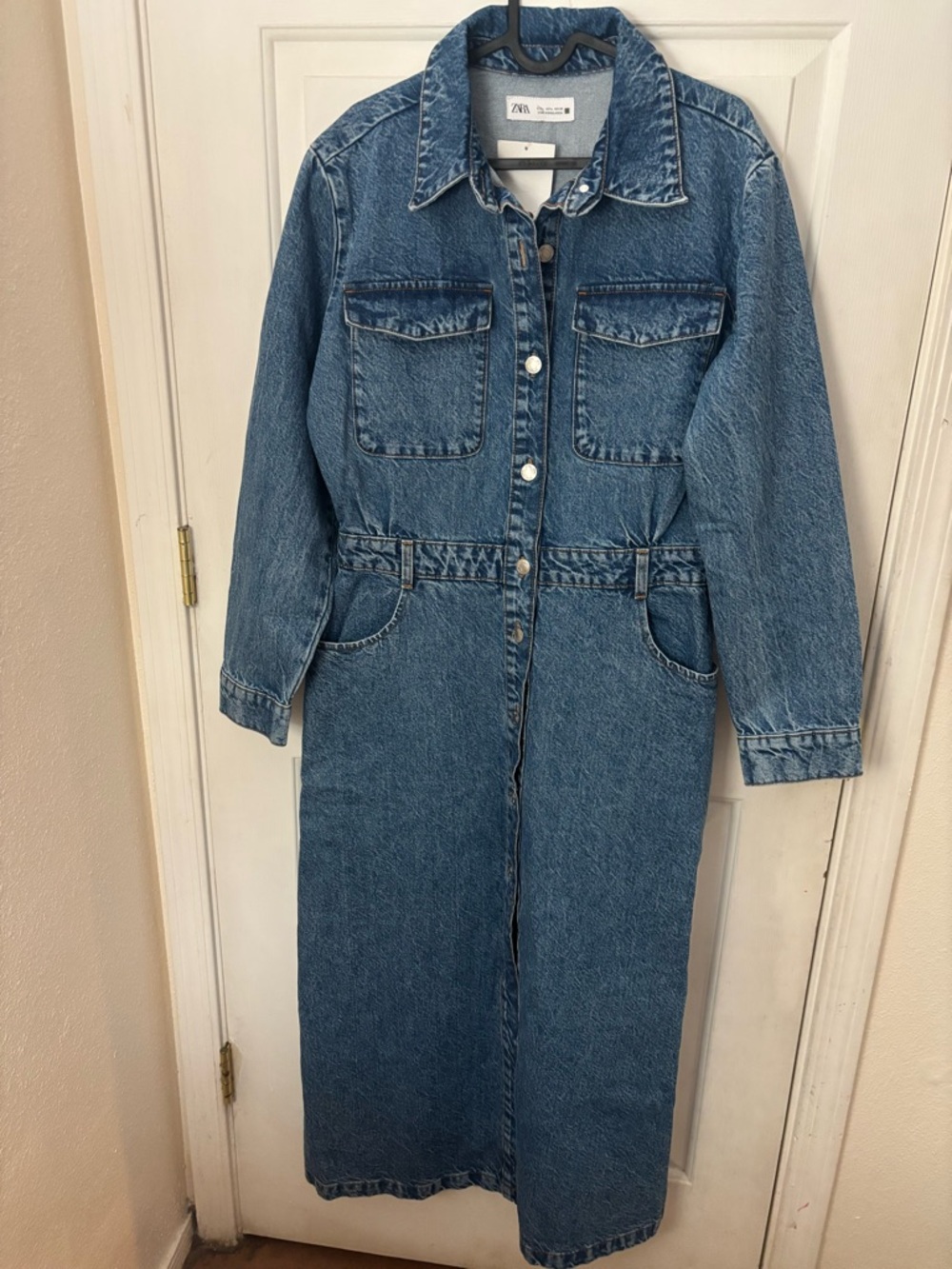 Zara Blue Denim Maxi Dress with Button-Front